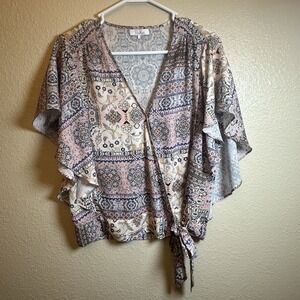 Parker Women's Multi‎ Print Angel Wings Sleeves Wrap Top Size Small